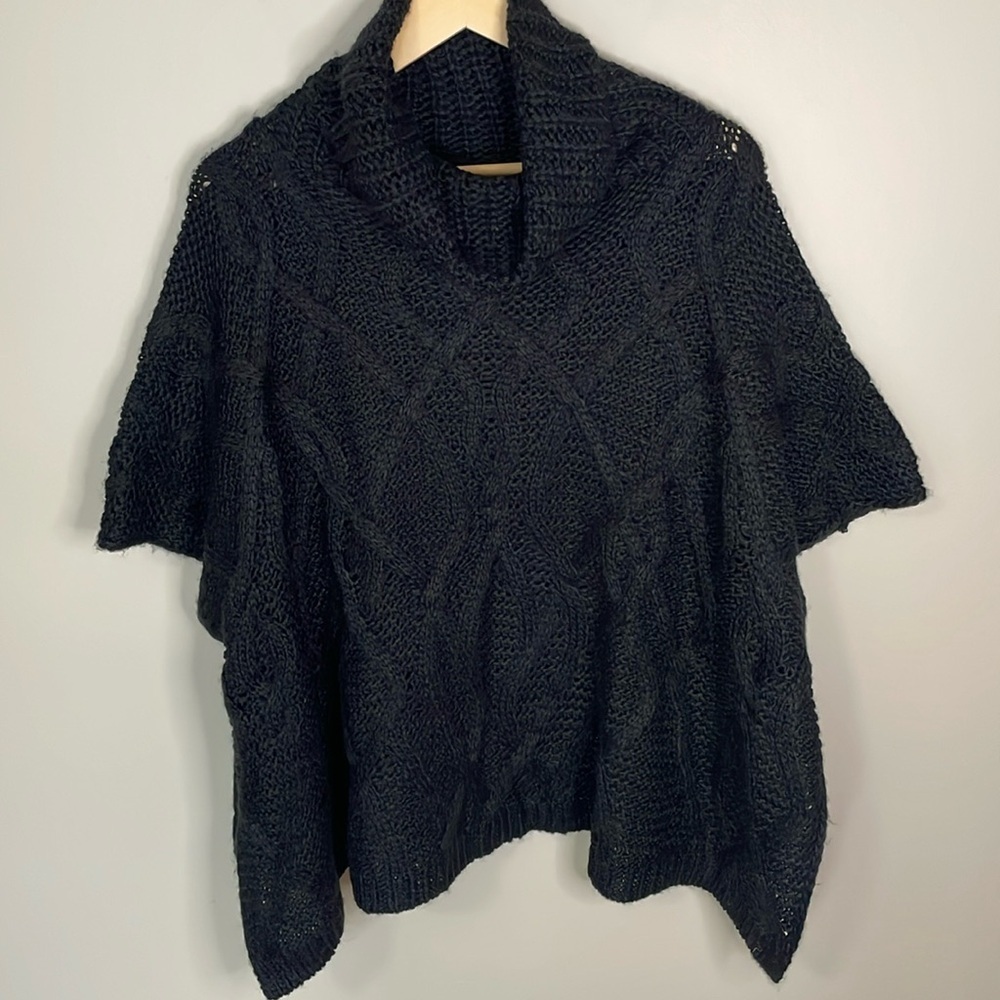 Minimalistic Black Cowl Neck Cable Knit‎ Poncho Sweater S/M Whimsygoth Dark